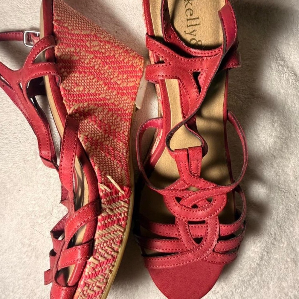 Kelly & Katie Coral-Red Strappy Wedge Sandals